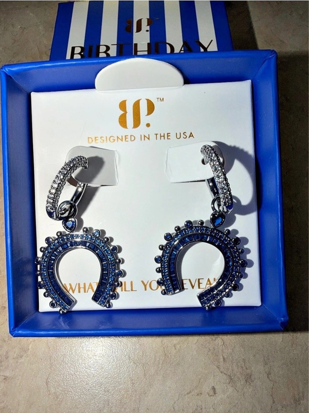 BP September Earrings-Main Character Drama Horseshoe Sapphire on Hematite